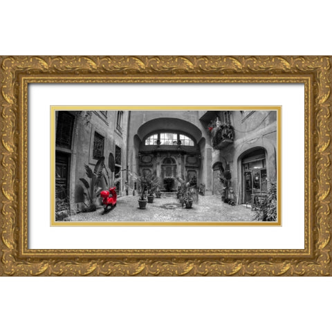 Old Fashioned house with potted plants and scooter, Rome, Italy Gold Ornate Wood Framed Art Print with Double Matting by Frank, Assaf