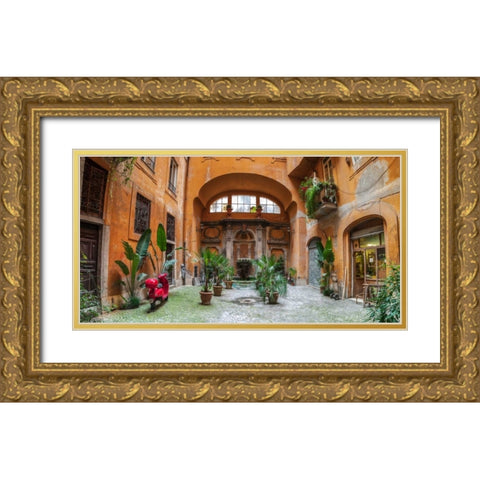 Old Fashioned house with potted plants and scooter, Rome, Italy Gold Ornate Wood Framed Art Print with Double Matting by Frank, Assaf