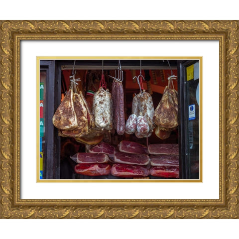 Various salami hanging in a window of an Italian Salami shop, Rome, Italy Gold Ornate Wood Framed Art Print with Double Matting by Frank, Assaf