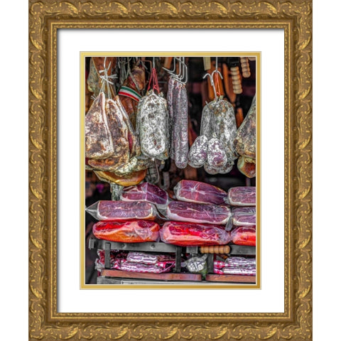 Various salami hanging in a window of an Italian Salami shop, Rome, Italy Gold Ornate Wood Framed Art Print with Double Matting by Frank, Assaf