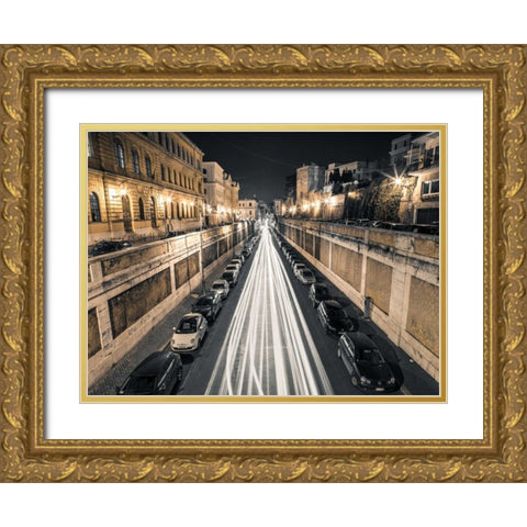 Strip Lights on road, Rome, Italy Gold Ornate Wood Framed Art Print with Double Matting by Frank, Assaf