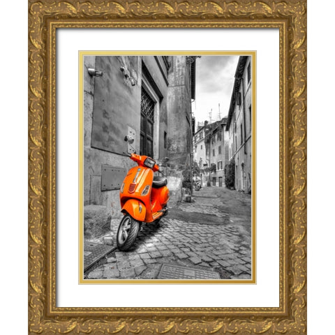 Scooter parked in narrow street of Rome, Italy Gold Ornate Wood Framed Art Print with Double Matting by Frank, Assaf