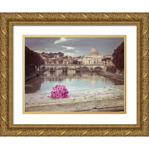 Bunch of roses on bridge with Basilica di San Pietro in Vatican, Rome, Italy Gold Ornate Wood Framed Art Print with Double Matting by Frank, Assaf