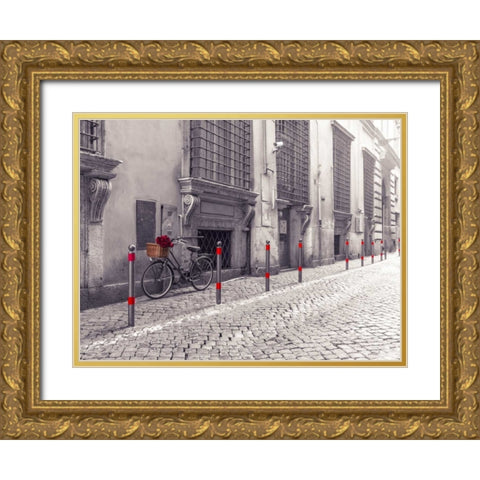 Bunch of roses on bicycle on old city street of Rome Gold Ornate Wood Framed Art Print with Double Matting by Frank, Assaf