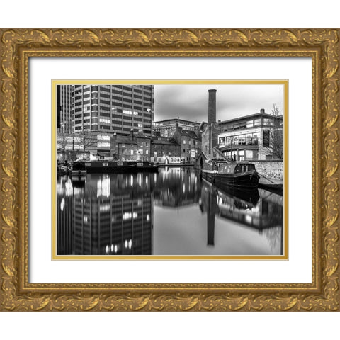 Narrow canal with small boats in Birmingham, UK Gold Ornate Wood Framed Art Print with Double Matting by Frank, Assaf