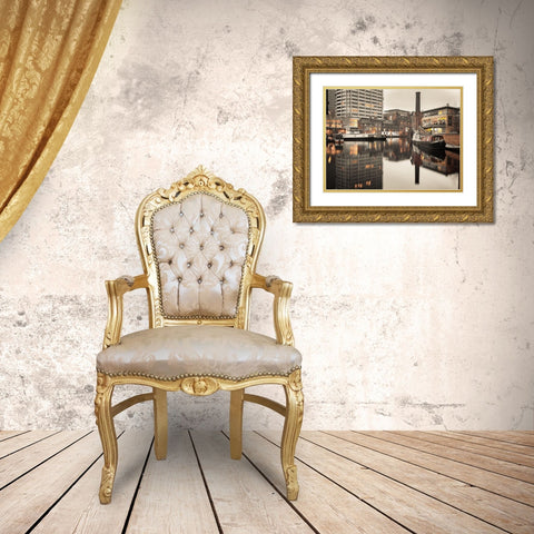 Narrow canal with small boats in Birmingham, UK Gold Ornate Wood Framed Art Print with Double Matting by Frank, Assaf