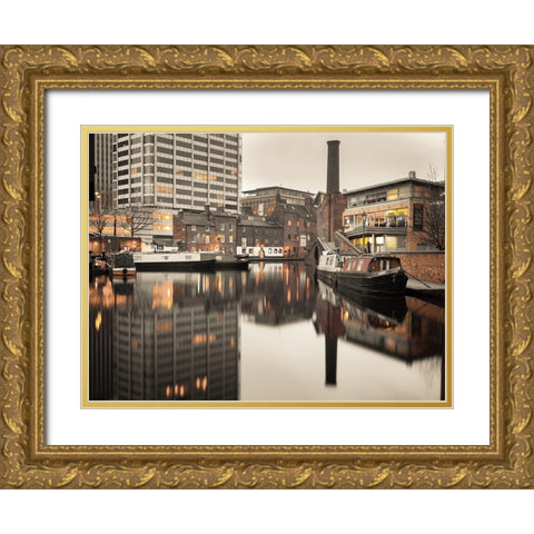 Narrow canal with small boats in Birmingham, UK Gold Ornate Wood Framed Art Print with Double Matting by Frank, Assaf
