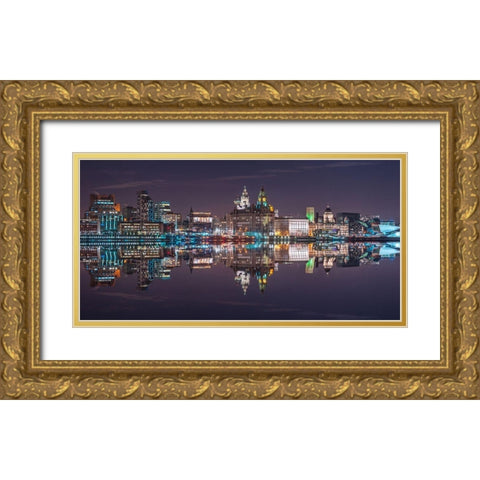 Liverpool city skyline across the River Mersey, UK, FTBR-1872 Gold Ornate Wood Framed Art Print with Double Matting by Frank, Assaf