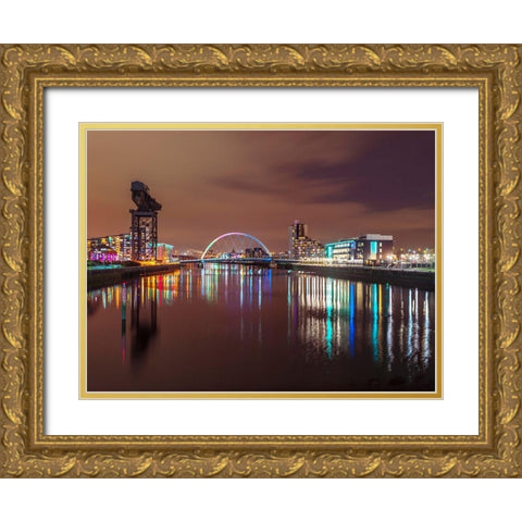 View along the river Clyde at night-Glasgow Gold Ornate Wood Framed Art Print with Double Matting by Frank, Assaf