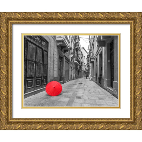 Red umbrella on narrow street of Birgu, malta Gold Ornate Wood Framed Art Print with Double Matting by Frank, Assaf