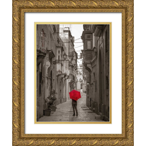 Tourist with umbrella at narrow street on Birgu, Malta Gold Ornate Wood Framed Art Print with Double Matting by Frank, Assaf
