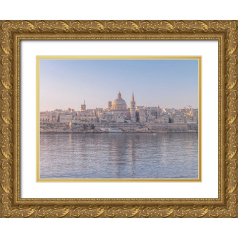 The harbour and St. Pauls Anglican Cathedral at Valletta, Malta Gold Ornate Wood Framed Art Print with Double Matting by Frank, Assaf