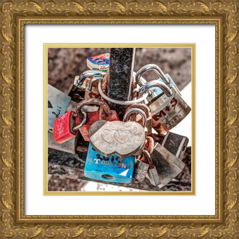 Love padlocks on bridge railing, St Julians, Malta Gold Ornate Wood Framed Art Print with Double Matting by Frank, Assaf
