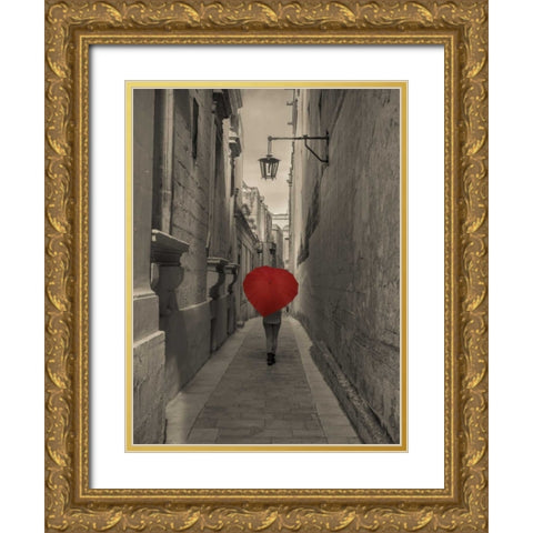 Tourist with heart shaped umbrella walking through narrow street of Mdina, Malta Gold Ornate Wood Framed Art Print with Double Matting by Frank, Assaf