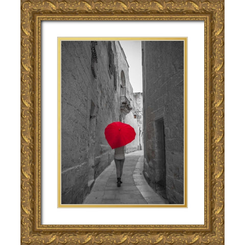Tourist with heart shaped umbrella walking through narrow street of Mdina, Malta Gold Ornate Wood Framed Art Print with Double Matting by Frank, Assaf