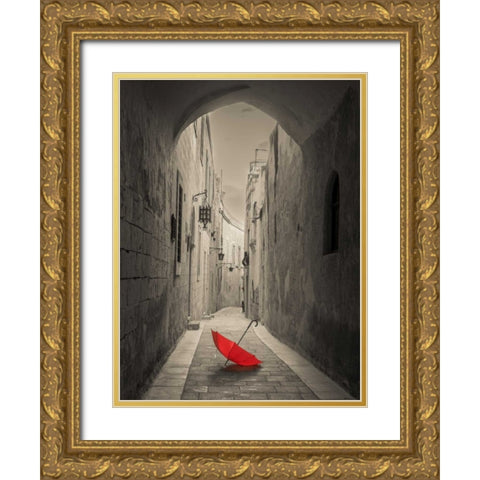 Red umbrella on narrow street of Mdina, Malta Gold Ornate Wood Framed Art Print with Double Matting by Frank, Assaf