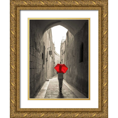 Tourist with umbrella walking through narrow street in Mdina, Malta Gold Ornate Wood Framed Art Print with Double Matting by Frank, Assaf