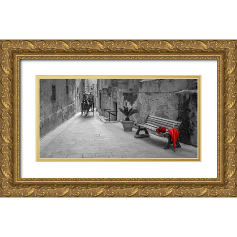Umbrella with bunch of roses on bench, Mdina, Malta Gold Ornate Wood Framed Art Print with Double Matting by Frank, Assaf