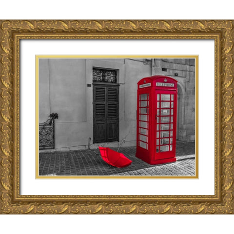 Red umbrella and Telephone box on street of Marsaxlokk, Malta Gold Ornate Wood Framed Art Print with Double Matting by Frank, Assaf
