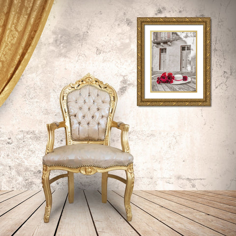 Female hat with bunch of roses on cafe table, Malta Gold Ornate Wood Framed Art Print with Double Matting by Frank, Assaf