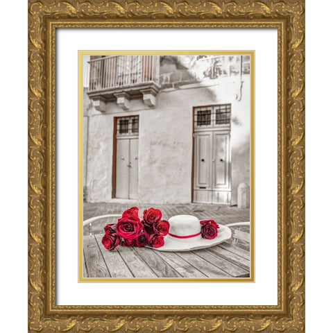 Female hat with bunch of roses on cafe table, Malta Gold Ornate Wood Framed Art Print with Double Matting by Frank, Assaf