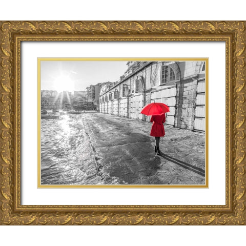 Tourist with red umbrella, Malta Gold Ornate Wood Framed Art Print with Double Matting by Frank, Assaf