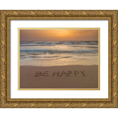 Sand writing - Word Be Happy written on beach Gold Ornate Wood Framed Art Print with Double Matting by Frank, Assaf