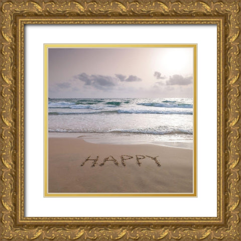 Sand writing - Word Happy written on beach Gold Ornate Wood Framed Art Print with Double Matting by Frank, Assaf