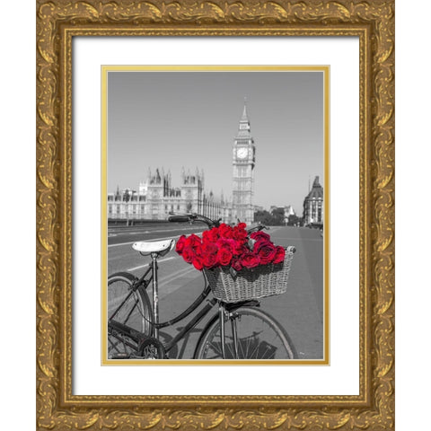 Bicycle with bunch of flowers on Westminster Bridge-London-UK Gold Ornate Wood Framed Art Print with Double Matting by Frank, Assaf