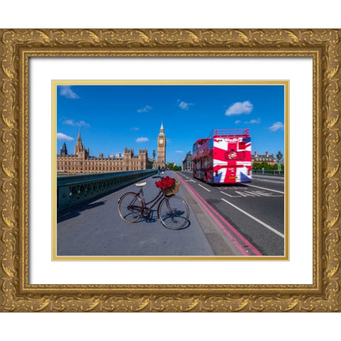 Bicycle with bunch of flowers on Westminster Bridge , London, UK Gold Ornate Wood Framed Art Print with Double Matting by Frank, Assaf