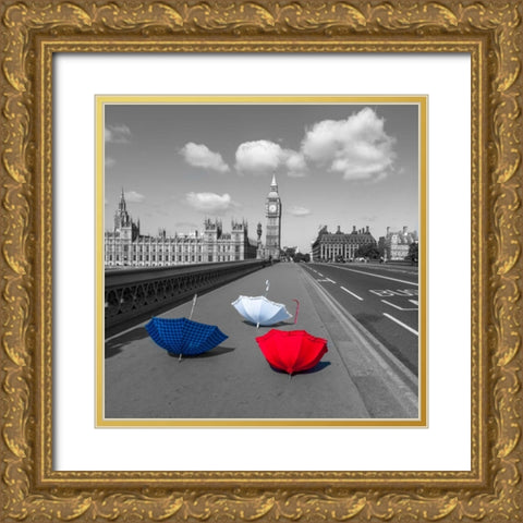 Colourful umbrellas on Westminster Bridge , London, UK Gold Ornate Wood Framed Art Print with Double Matting by Frank, Assaf