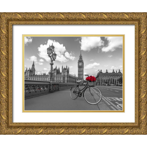 Bicycle with bunch of flowers on Westminster Bridge, London, UK Gold Ornate Wood Framed Art Print with Double Matting by Frank, Assaf