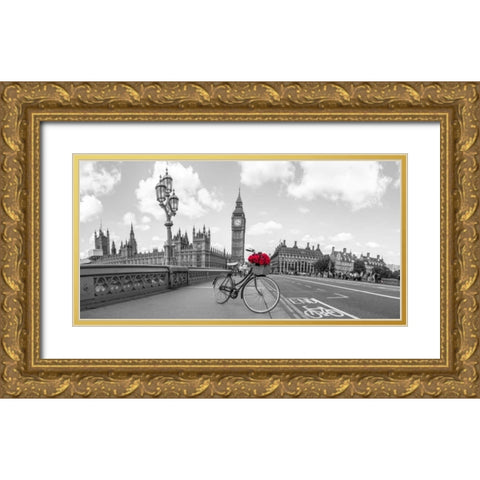 Bicycle with bunch of flowers on Westminster Bridge, London, UK Gold Ornate Wood Framed Art Print with Double Matting by Frank, Assaf
