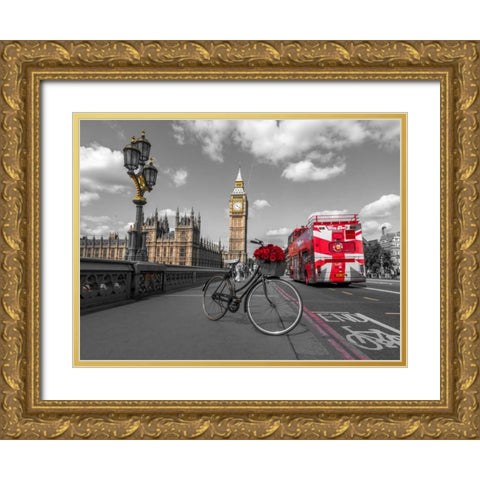 Bicycle with bunch of flowers on Westminster Bridge, London, UK Gold Ornate Wood Framed Art Print with Double Matting by Frank, Assaf