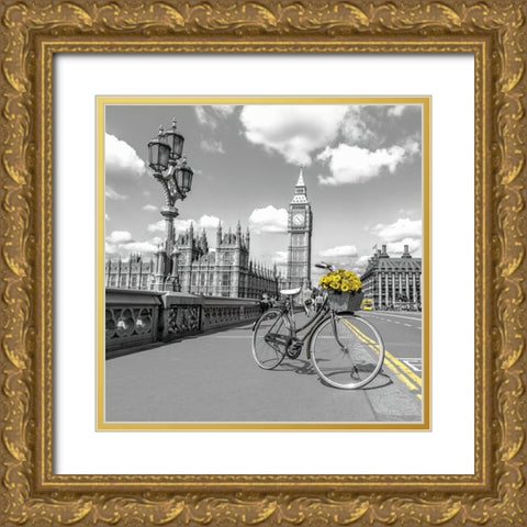 Bicycle with bunch of flowers on Westminster Bridge-London-UK Gold Ornate Wood Framed Art Print with Double Matting by Frank, Assaf
