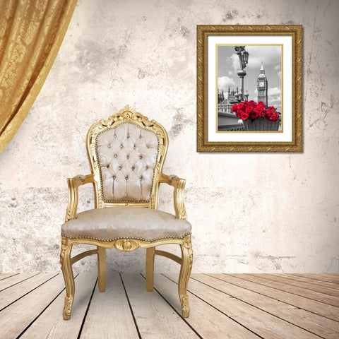 Bicycle with bunch of flowers on Westminster Bridge, London, UK Gold Ornate Wood Framed Art Print with Double Matting by Frank, Assaf