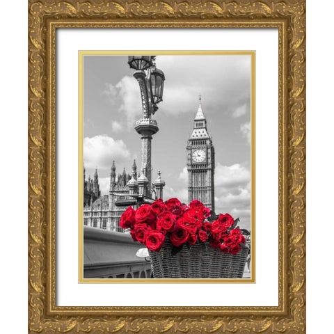 Bicycle with bunch of flowers on Westminster Bridge, London, UK Gold Ornate Wood Framed Art Print with Double Matting by Frank, Assaf