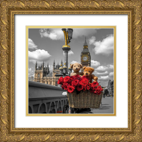 Bicycle with bunch of flowers on Westminster Bridge, London, UK Gold Ornate Wood Framed Art Print with Double Matting by Frank, Assaf