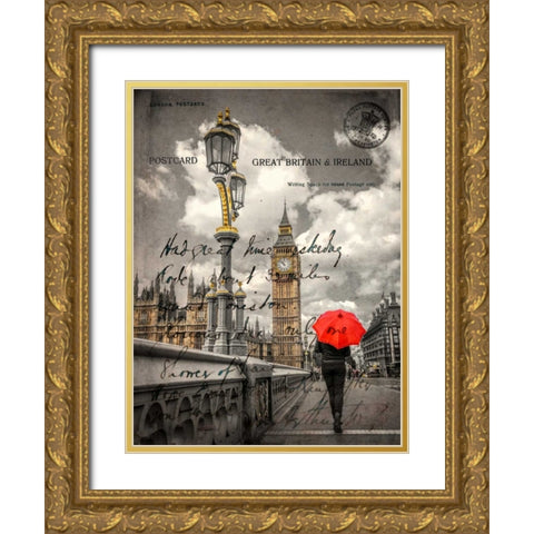 Tourist with an umbrella on Westminster Bridge, London, UK Gold Ornate Wood Framed Art Print with Double Matting by Frank, Assaf
