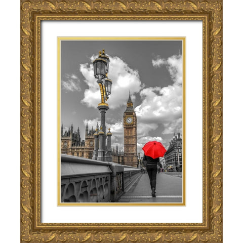 Tourist with an umbrella on Westminster Bridge, London, UK Gold Ornate Wood Framed Art Print with Double Matting by Frank, Assaf