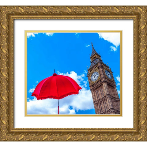 Big Ben with Red Umbrella, London, UK Gold Ornate Wood Framed Art Print with Double Matting by Frank, Assaf