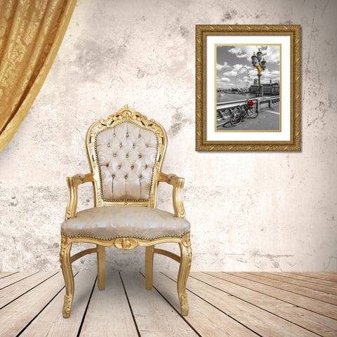 Bicycle with bunch of flowers on Westminster Bridge, London, UK Gold Ornate Wood Framed Art Print with Double Matting by Frank, Assaf