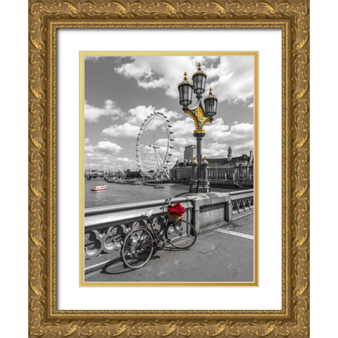 Bicycle with bunch of flowers on Westminster Bridge, London, UK Gold Ornate Wood Framed Art Print with Double Matting by Frank, Assaf