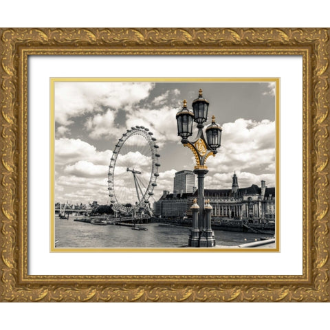 Lampost with London eye and County hall in background, London, UK Gold Ornate Wood Framed Art Print with Double Matting by Frank, Assaf