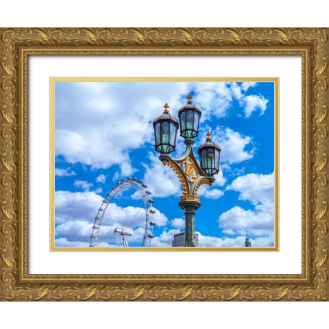 Street lamp with London Eye in background, London, UK Gold Ornate Wood Framed Art Print with Double Matting by Frank, Assaf