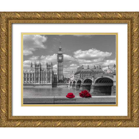 Bunch of Roses and hat on Thames promenade agaisnt Big Ben, London, UK Gold Ornate Wood Framed Art Print with Double Matting by Frank, Assaf