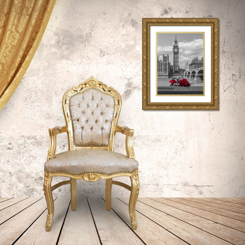 Teddy bear and bunch of Roses on Thames promenade agaisnt Westminster Abby, London, UK Gold Ornate Wood Framed Art Print with Double Matting by Frank, Assaf