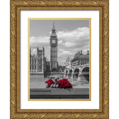 Teddy bear and bunch of Roses on Thames promenade agaisnt Westminster Abby, London, UK Gold Ornate Wood Framed Art Print with Double Matting by Frank, Assaf