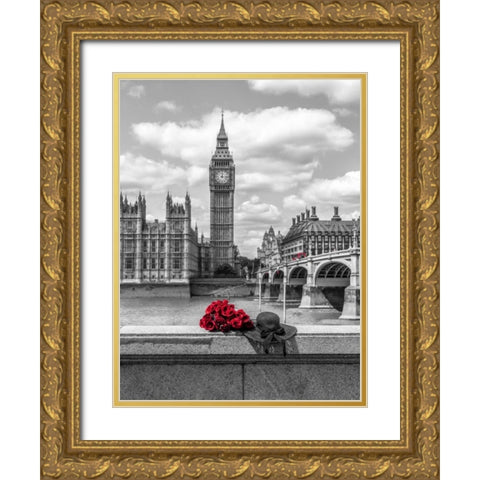 Bunch of Roses and hat on Thames promenade agaisnt Big Ben, London, UK Gold Ornate Wood Framed Art Print with Double Matting by Frank, Assaf