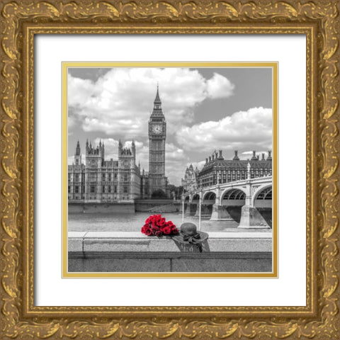 Bunch of Roses and hat on Thames promenade agaisnt Big Ben, London, UK Gold Ornate Wood Framed Art Print with Double Matting by Frank, Assaf